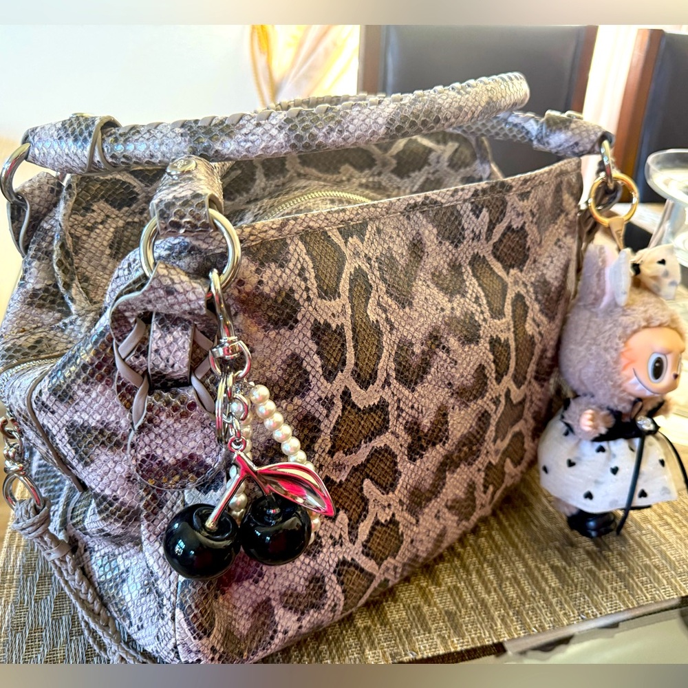 COLE HAAN Genuine Leather Snake Print Embossed Beige/Brown Satchel Shoulderbag - Picture 8 of 17